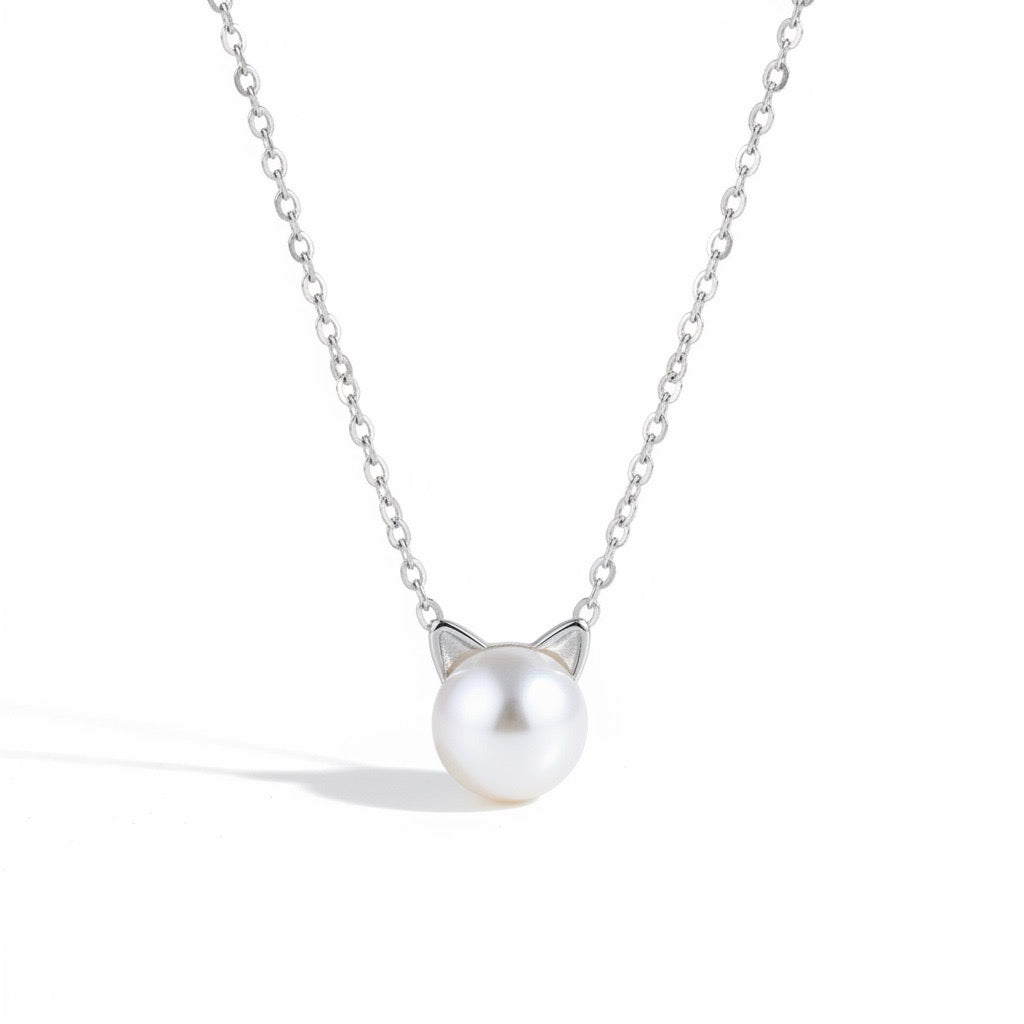 collier pendentif chat avec perle argent silhouette tête de chat