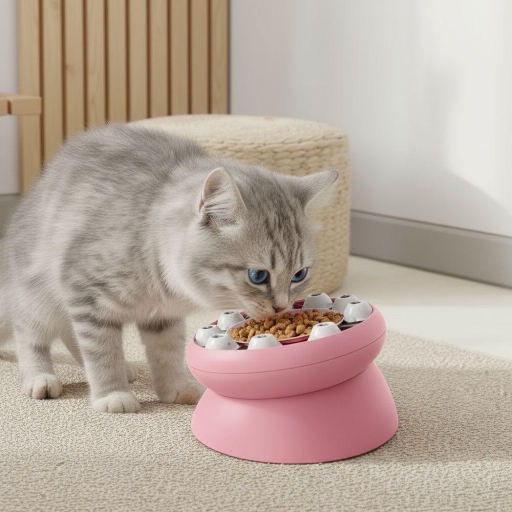 gamelle anti glouton chat rose avec chaton mangeant croquettes