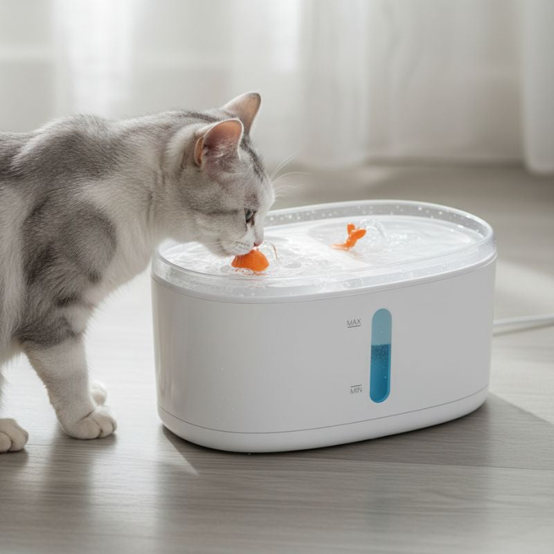 fontaine a eau chatavec filtre charbon design baleine avec chat buvant eau couleur blanc