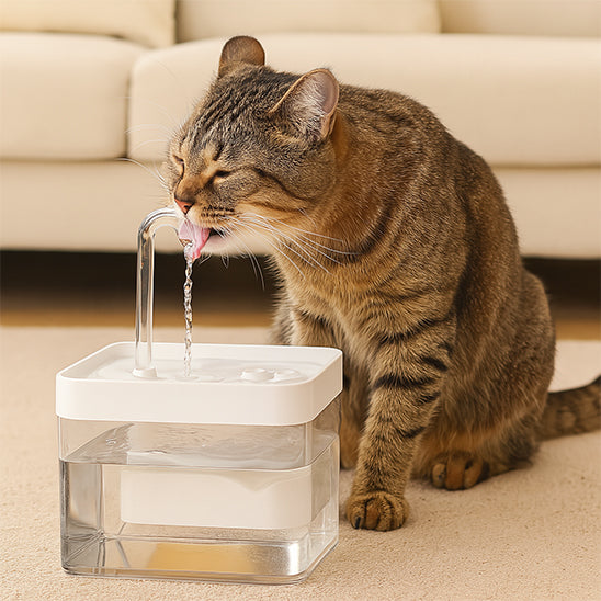 Fontaine a eau chat silencieuse 1,5 L blanc avec réservoir transparent utilisée par un chat hydratation continue