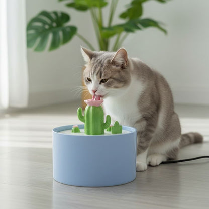 fontaine eau chat ceramique design cactus et fleur avec chat buvant eau fraiche dans un salon lumineux