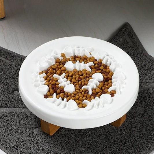 Gamelle anti-glouton céramique blanche motif poisson support bois