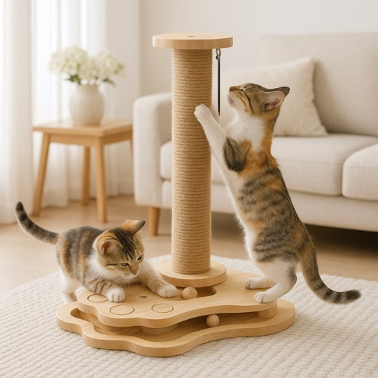 poteau griffoir pour chat deux chatons jouent sur un poteau griffoir en sisal et bois avec colonne à gratter et base de jeu à billes