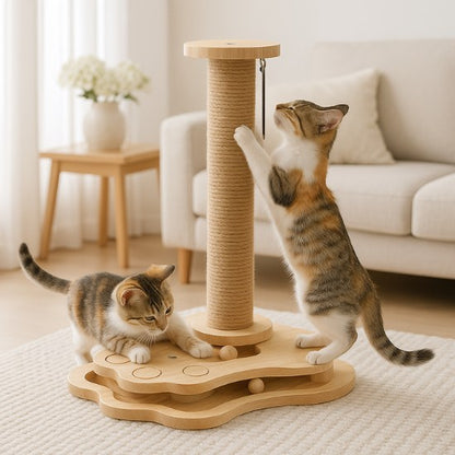 poteau griffoir pour chat deux chatons jouent sur un poteau griffoir en sisal et bois avec colonne à gratter et base de jeu à billes
