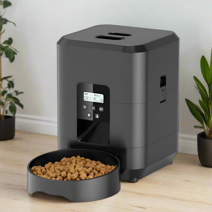Distributeur croquettes chat, appareil intelligent noir avec bol de croquettes avec écran LCD, facilitant l'alimentation féline programmée et sans incident.