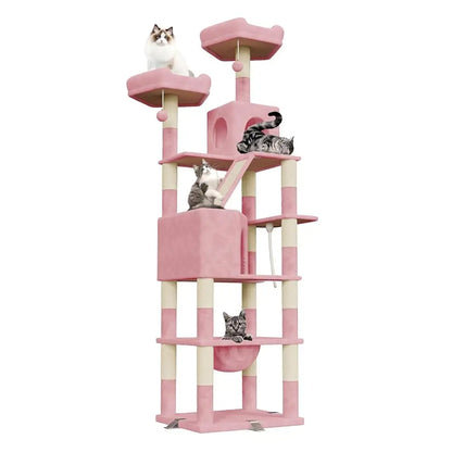 arbre a chat xxl multi-niveaux 208cm rose avec plateformes hamac poteaux sisal jouets plusieurs chats jouent et se reposent sur les différents niveaux