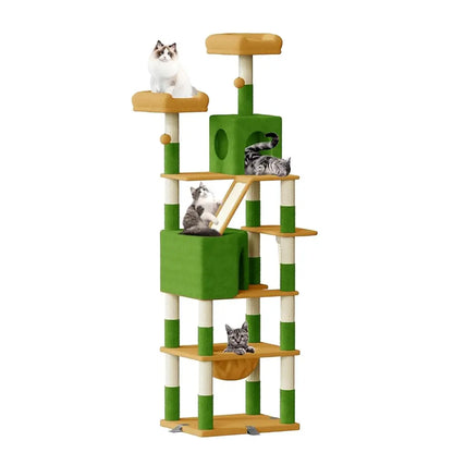 arbre a chat xxl multi-niveaux 208cm vert cactus avec poteaux en sisal plateformes niches hamac rampes et jouets pour chats multiples