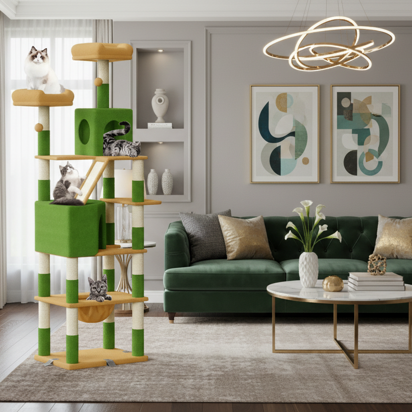 arbre a chat xxl multi-niveaux 208cm avec 16 griffoirs en sisal quatre chats