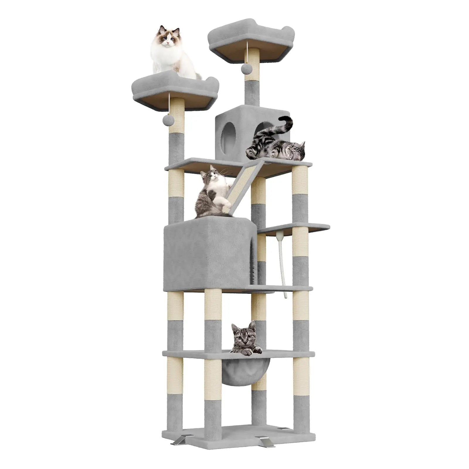arbre à chat xxl multi-niveaux 208cm gris clair avec plateformes perchoirs niche rampes griffoirs et jouet suspendu utilisé par plusieurs chats
