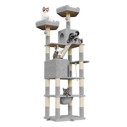 arbre à chat xxl multi-niveaux 208cm gris clair avec plateformes perchoirs niche rampes griffoirs et jouet suspendu utilisé par plusieurs chats