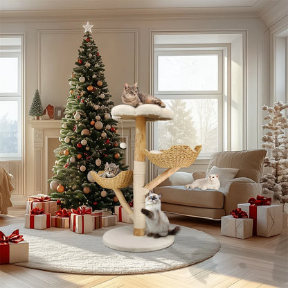 arbre a chat bois flotté bois massif avec griffoir chat dans un salon chaleureux avec plusieurs niveaux pour les chats près d'un sapin de noël et cadeaux