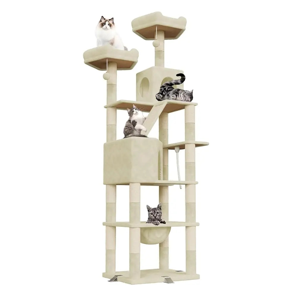 arbre a chat xxl multi-niveaux 208cm beige 4 chats sur un arbre avec plateformes niches hamac jouets et poteaux griffoirs en sisal
