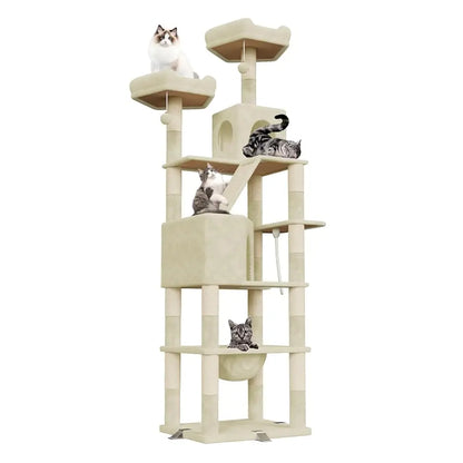 arbre a chat xxl multi-niveaux 208cm beige 4 chats sur un arbre avec plateformes niches hamac jouets et poteaux griffoirs en sisal