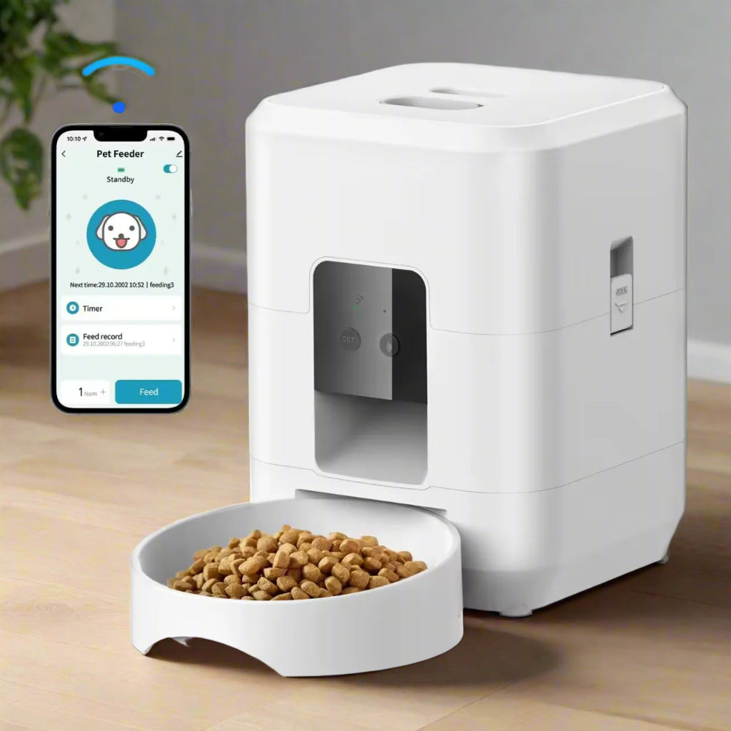 Distributeur croquettes chat montrant un appareil blanc avec bol de nourriture, illustrant son utilisation pour une alimentation féline programmée et contrôlée à distance avec application mobile.