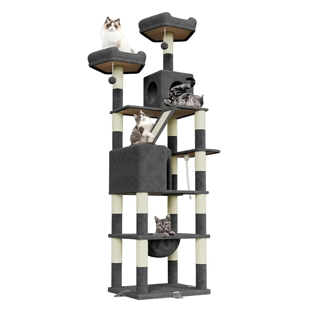 arbre a chat xxl multi-niveaux 208cm gris avec quatre chats utilisant plateformes griffoirs en sisal et jouets suspendus idéal pour jeux et repos