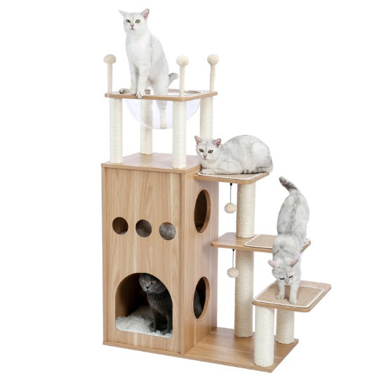 Arbre à chat design bois avec griffoir et maison et capsule acrylique multi-niveaux pour grimper, jouer et se reposer
