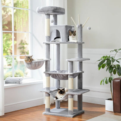 Arbre à chat en bois gris avec hamac et lit pour plusieurs chats