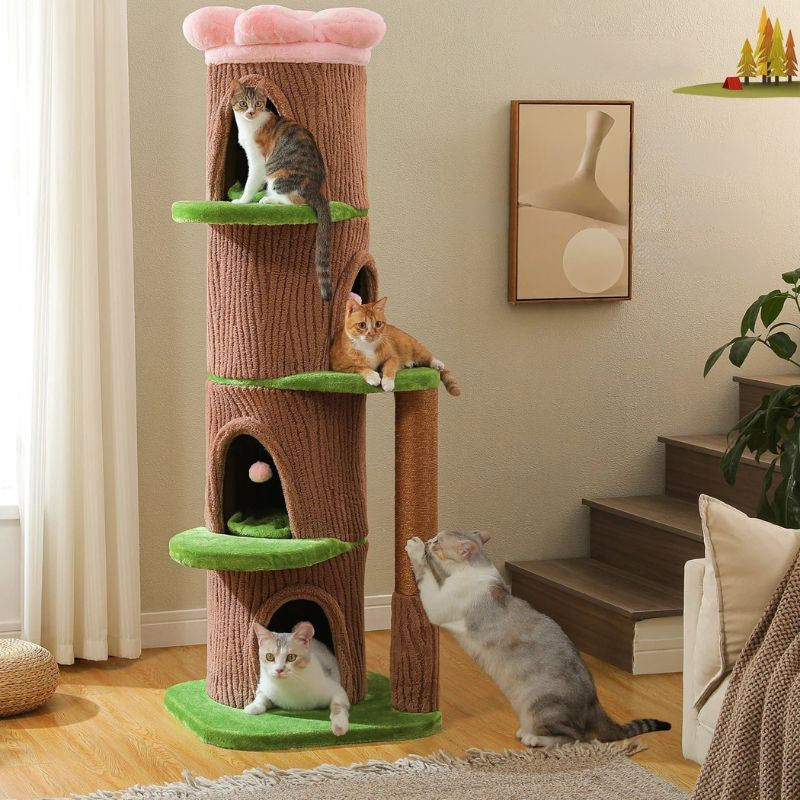 arbre a chat design grand tronc arbre avec plusieurs chats sur niveaux et niches confortables et grand poteau griffoir 