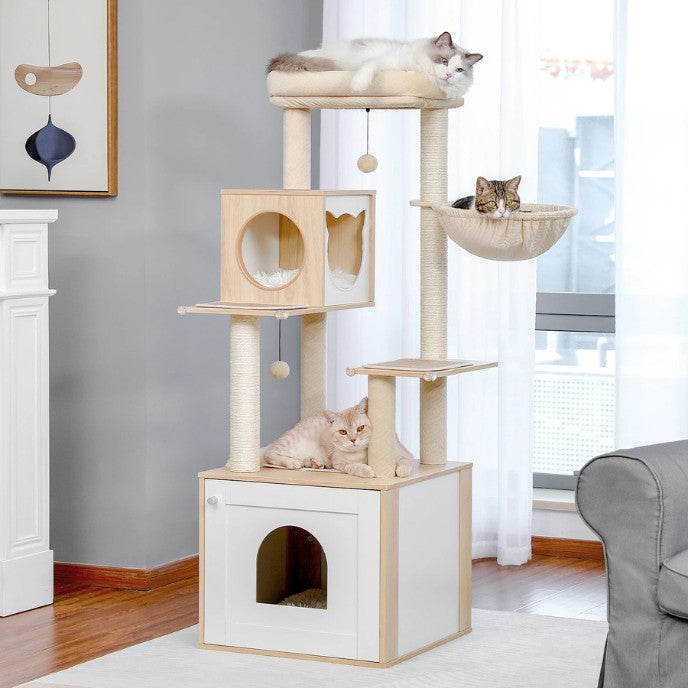 Arbre à chat en bois beige avec hamac, condo design scandinave et grande base pour rangement ou bac à litière chat