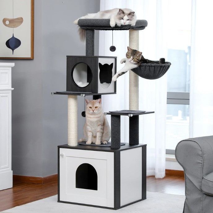 Arbre à chat en bois noir design scandinave avec niches fermées, hamac suspendu et structure griffoir