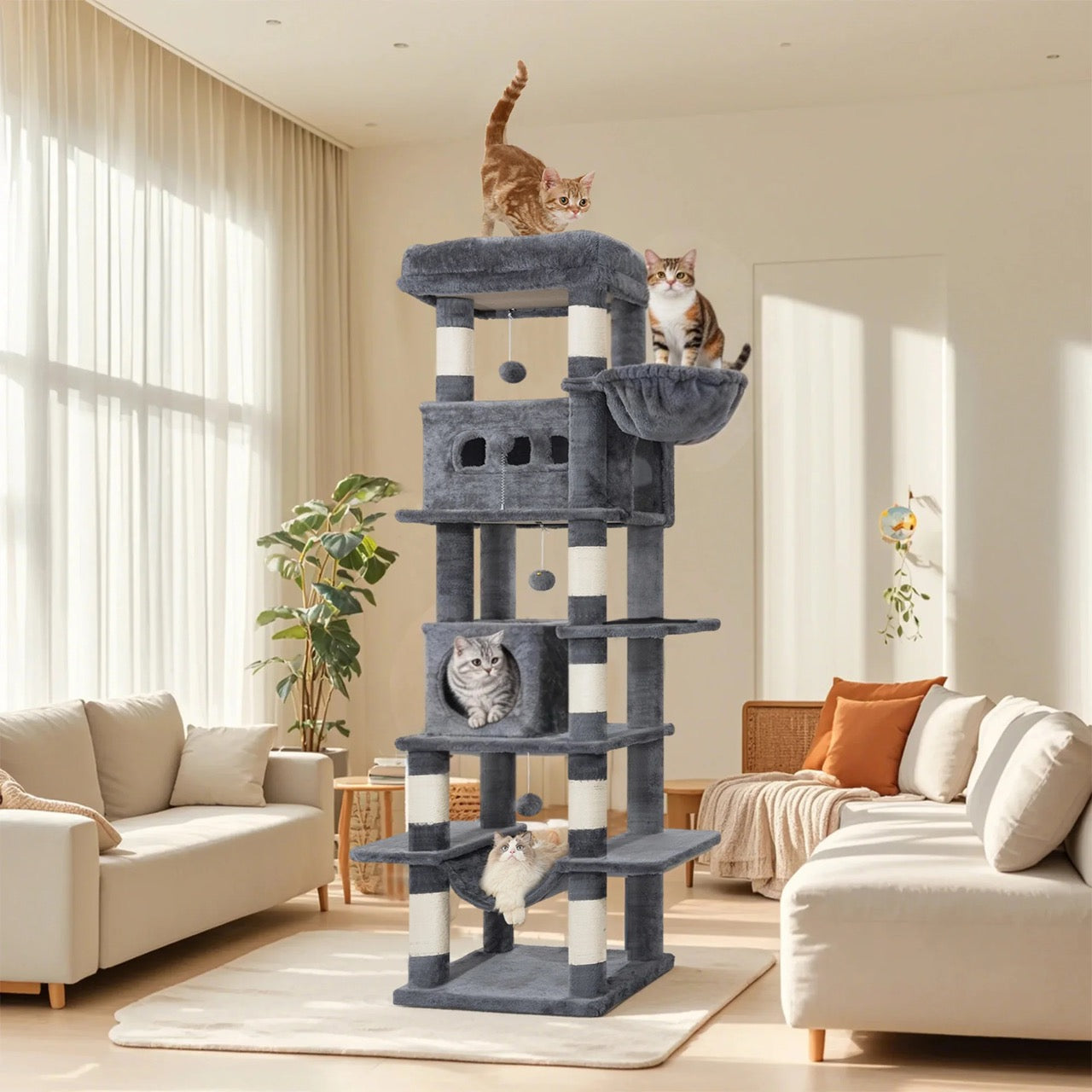 Arbre à chat gris géant XXL de 2 mètres avec plateformes et espaces pour plusieurs chats