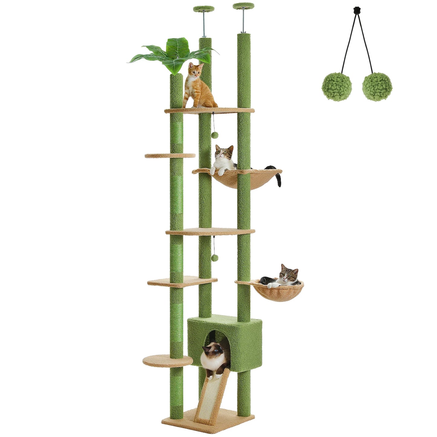 arbre à chat plafond design cactus avec petit palmier vert hamac et maison pour chat et griffoir
