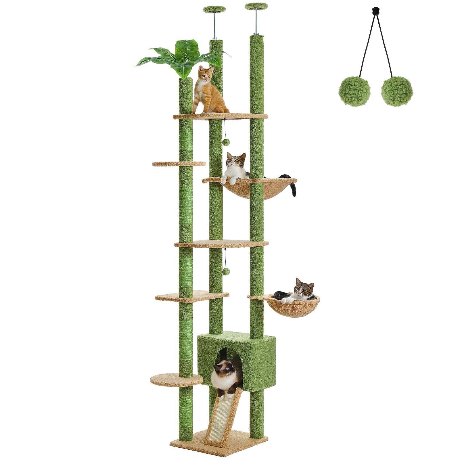 arbre à chat plafond design cactus avec petit palmier vert hamac et maison pour chat et griffoir