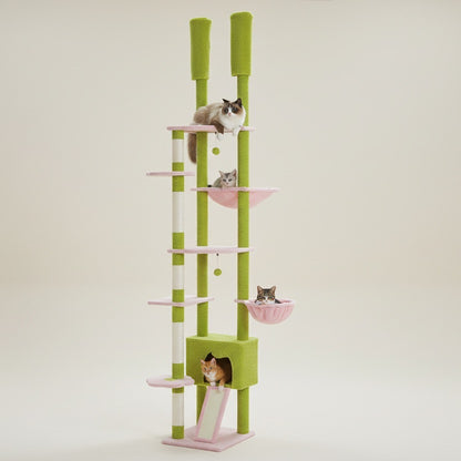 arbre à chat plafond design fleur couelur rose et vert pour plusieurs chats pour petit espace
