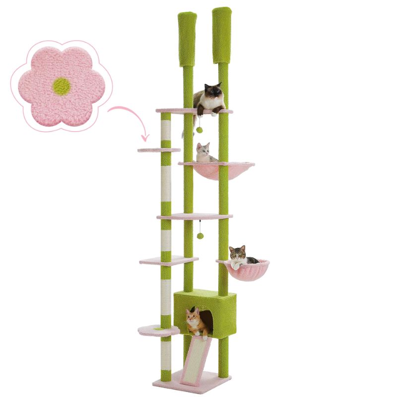 arbre à chat plafond design fleur couelur rose et vert pour plusieurs chats