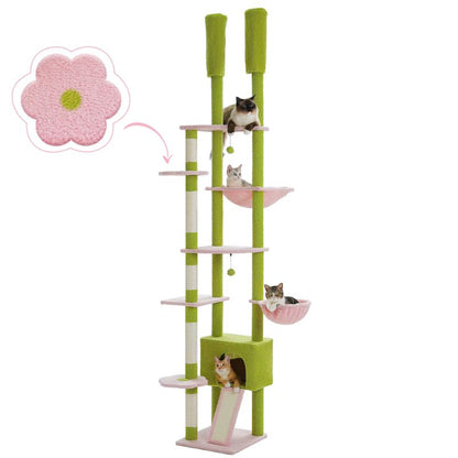 arbre à chat plafond design fleur couelur rose et vert pour plusieurs chats
