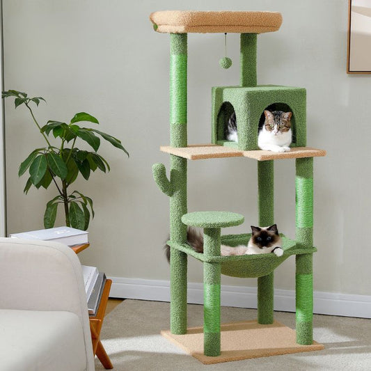 Grand arbre à chat vert cactus avec deux chats, hamac et griffoirs pour jeu, détente et sécurité