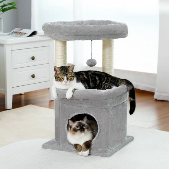 Arbre chat compact gris avec poteaux à griffer et coin repos supérieur pour chat adulte