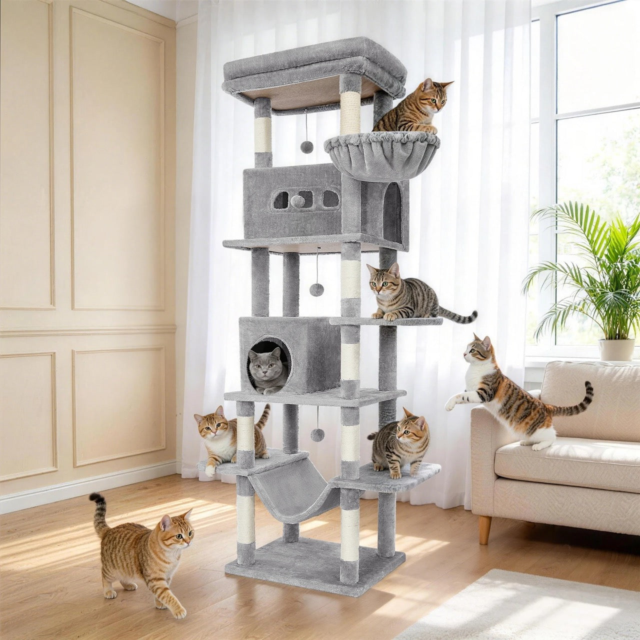 Arbre à chat gris clair géant multi chats avec plateformes et espaces repos