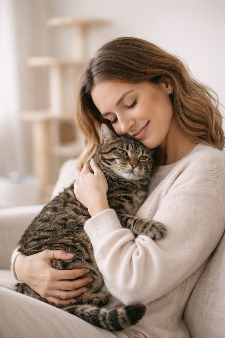 boutique pour chat Sa Majesté Le Chat spécialiste fontaine a eau chat griffoir chat  et arbre a chat des moments de complicité entre une femme et son chat dans un salon chaleureux