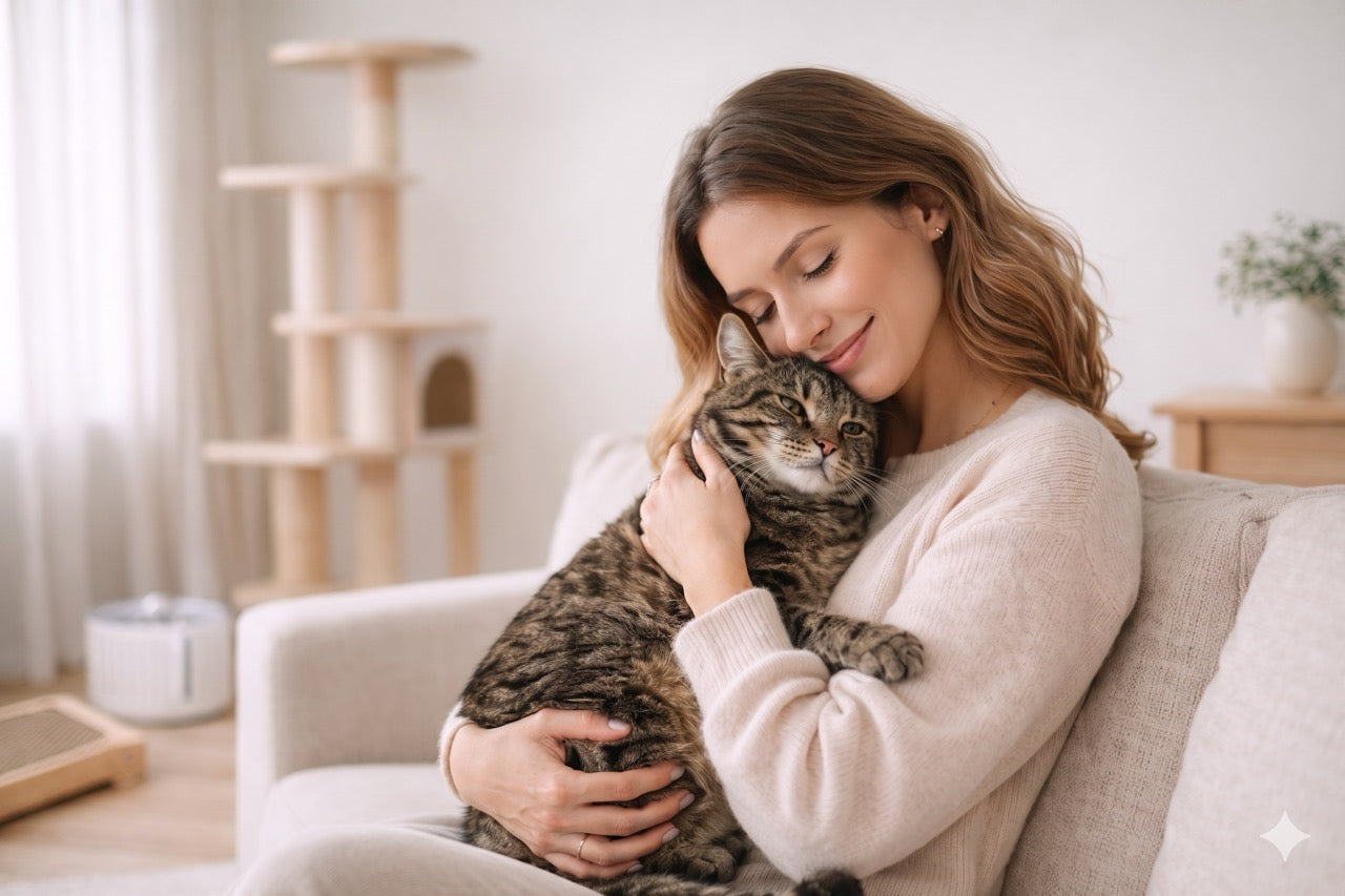 Sa Majesté Le Chat femme heureuse avec son chat dans un salon avec arbre à chat design et fontaine a wau chat et griffoir tout pour le bien etre du chat