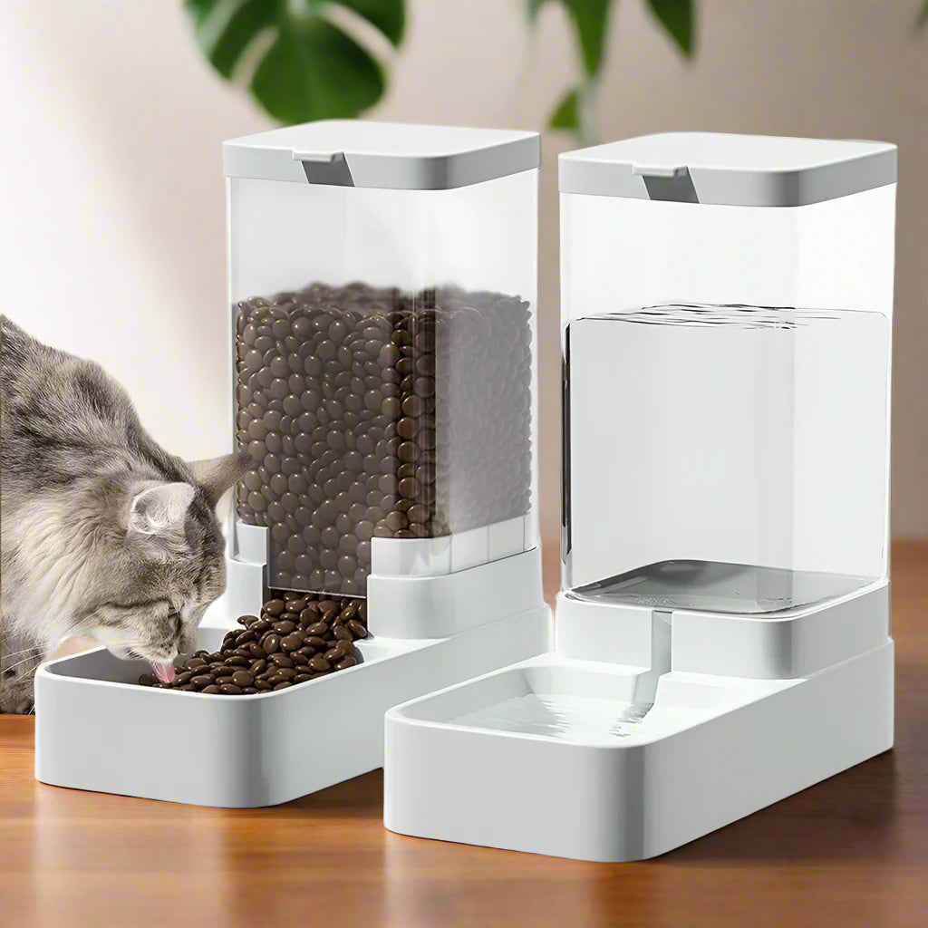 distributeur croquette chat avec chat mangeant, pour une alimentation autonome et régulière sans stress