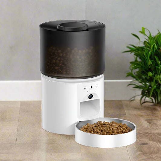 distributeur croquettes chat rojeco 3l blanc avec bol inox et caméra intégrée