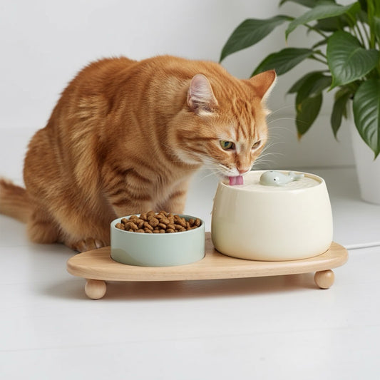 fontaine à eau céramique avec un chat qui boit de la fontaine et un bol nourriture céramique rempli de croquettes sur un support en bois un set complet pour manger et hydratation complete 