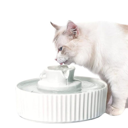 fontaine a eau céramique chat couleur blanc avec un chat qui boit paisiblement de l'eau fraiche filtrée au continu