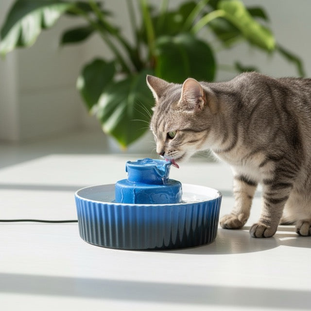 fontaine à eau céramique chat avec un chat qui boit de l'eau propre filtrée avec filtre charbon de la fontaine couleur bleu marine grande capacité 2L