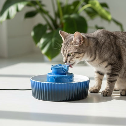 fontaine à eau céramique chat avec un chat qui boit de l'eau propre filtrée avec filtre charbon de la fontaine couleur bleu marine grande capacité 2L