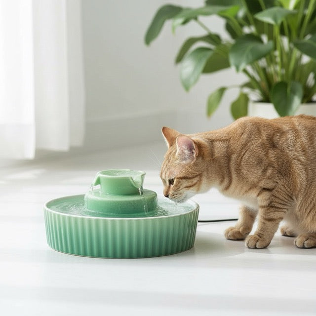 fontaine a eau ceramique chat avec chat qui boit de l'eau fraiche filtrée de la fontaine couleur vert
