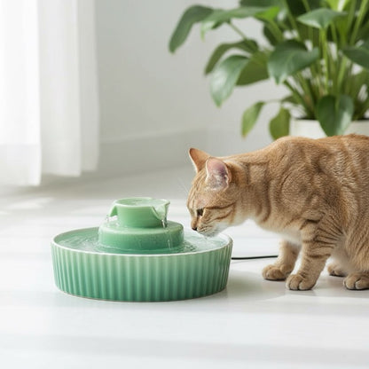 fontaine a eau ceramique chat avec chat qui boit de l'eau fraiche filtrée de la fontaine couleur vert