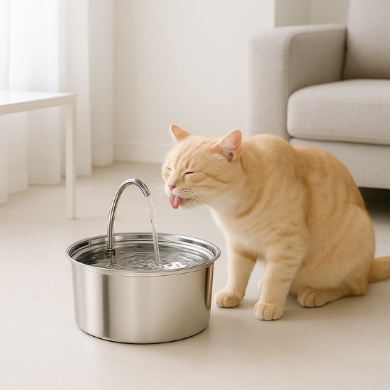 Fontaine à eau pour chat en acier inoxydable avec chat roux en train de boire