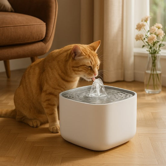 Fontaine à eau chat blanc pour hydratation optimale avec qui boit paisiblement dans le salon 