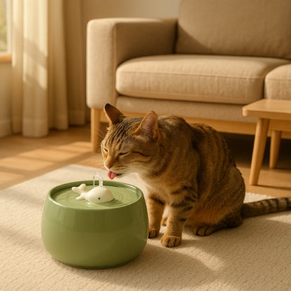 Fontaine à eau chat Céramique vert ultra-silencieuse avec design baleine, encourage l'hydratation naturelle grâce à son flux continu.