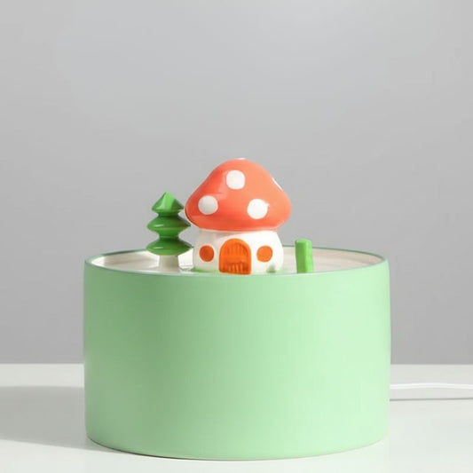 fontaine à eau chat céramique design champignon mint-vert avec maison champignon et arbre