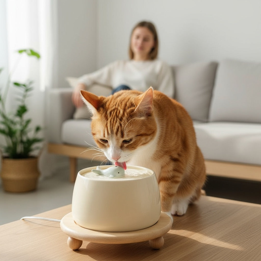 Fontaine à eau chat en Céramique avec support bois ultra-silencieuse motif baleine