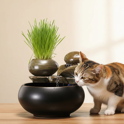 fontaine à eau chat céramique sans filtre argile cuite haute temperature avec chat buvant style zen sobre