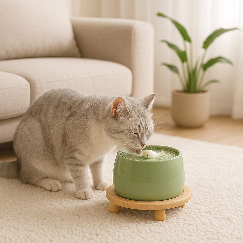 Fontaine à eau chat Céramique vert ultra-silencieuse avec un design baleine sur support en bois utilisée par un chat sur un tapis crème